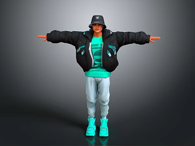 Man Wearing Black Jacket Green T Shirt Gray Pants Bright Blue Shoes With Arms Outstretched 3d model