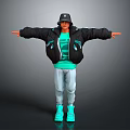 Man Wearing Black Jacket Green T Shirt Gray Pants Bright Blue Shoes With Arms Outstretched