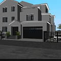 Modern White Two Story Detached Villa With Black Garage Door Green Plants And Iron Gate