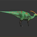 Green Dinosaur Model with Colorful Patterns and Orange Red Crest Standing on Dark Background
