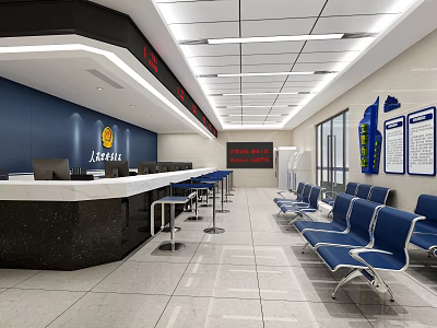 Modern Government Service Hall Interior With Counter Blue Chairs And Information Signs 3d model