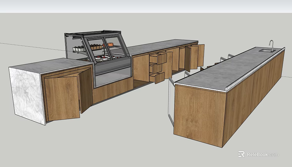 Modern Bar Counter Design With Wooden Cabinets Gray Countertop And Display Case 3d model 