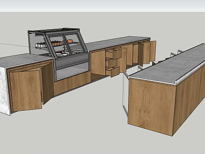 Modern Bar Counter Design With Wooden Cabinets Gray Countertop And Display Case 3d model