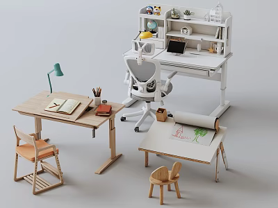 Simple Modern Wooden Desk Chair Sets With Books Lamp And Shelf For Home Study 3d model