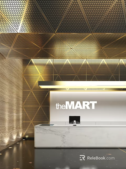 theMART Modern Front Desk Reception With Gold Geometric Wall Grid Ceiling And White Counter 3d model 
