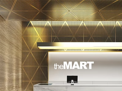 theMART Modern Front Desk Reception With Gold Geometric Wall Grid Ceiling And White Counter 3d model