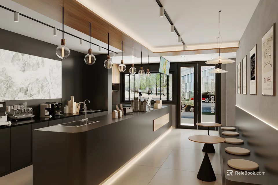 Modern Café Interior Design With Counter Hanging Lights Small Round Tables And Seats 3d model 