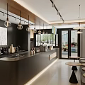 Modern Café Interior Design With Counter Hanging Lights Small Round Tables And Seats