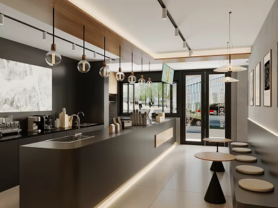 Modern Café Interior Design With Counter Hanging Lights Small Round Tables And Seats 3d model