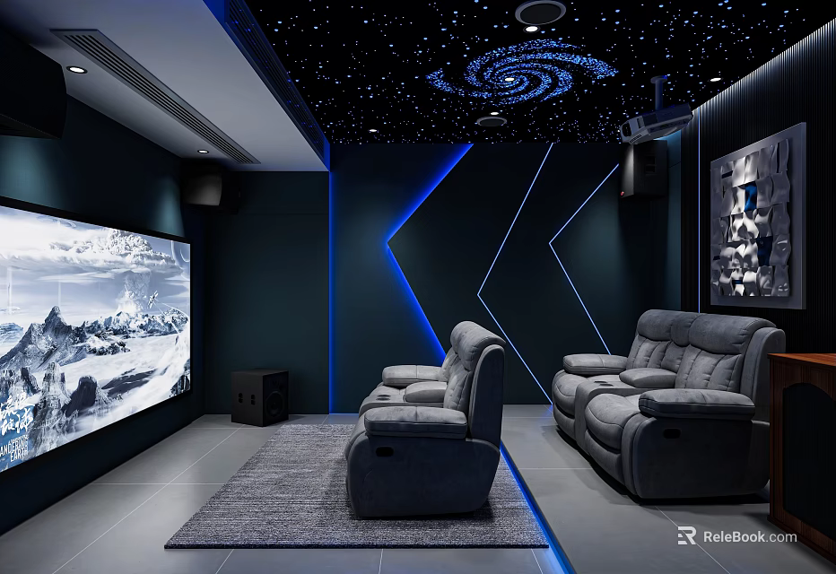 Modern Home Theater Room With Starry Sky Ceiling Blue Lighting And Gray Sofas 3d model 