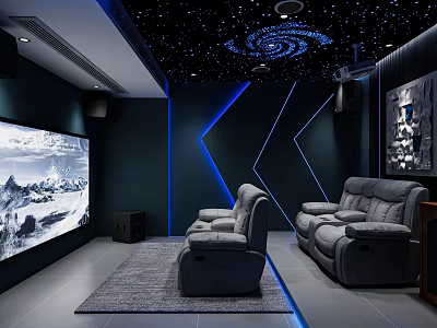 Modern Home Theater Room With Starry Sky Ceiling Blue Lighting And Gray Sofas 3d model