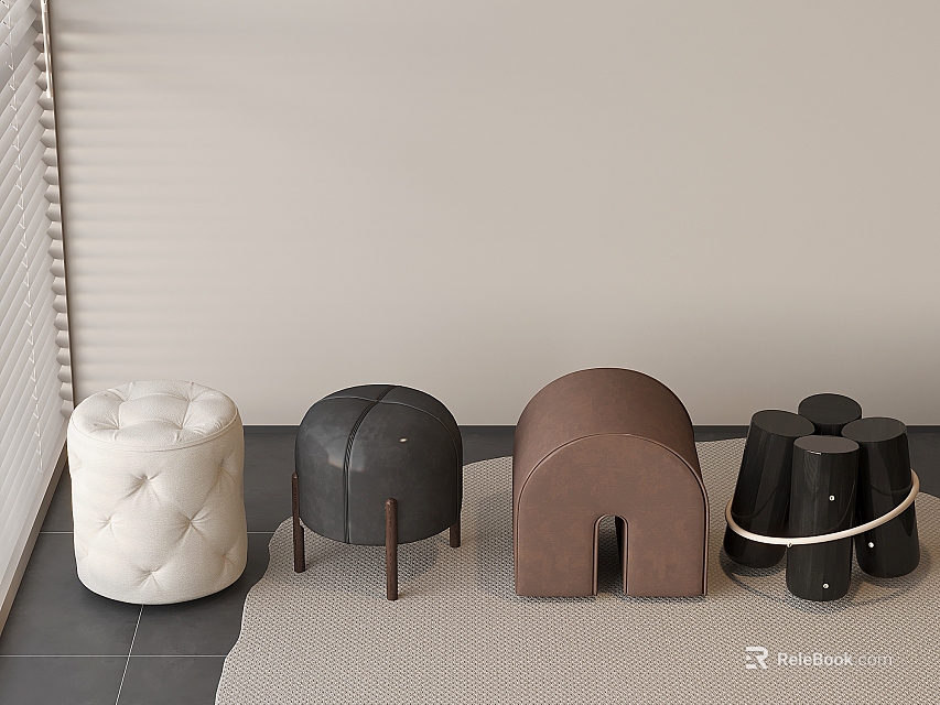 Various Modern Stools with White Upholstered Black Leather and Brown Wooden Designs 3d model 