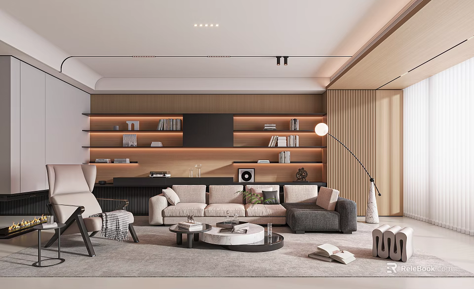 Modern Living Room Interior With Sofa Coffee Table Bookshelf And Floor Lamp 3d model 