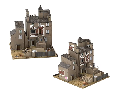Two Detailed 3D Miniature Castle Models Showcasing Tower Staircase And Balcony Structures 3d model