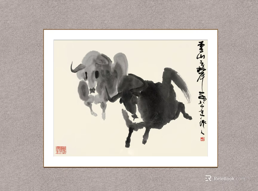 Traditional Chinese Ink Animal Painting With Two Running Bulls And Calligraphy Art 3d model 