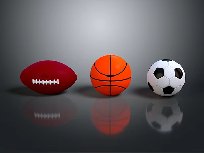 Red Football Orange Basketball And Black White Soccer Ball On Reflective Surface 3d model