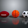 Red Football Orange Basketball And Black White Soccer Ball On Reflective Surface