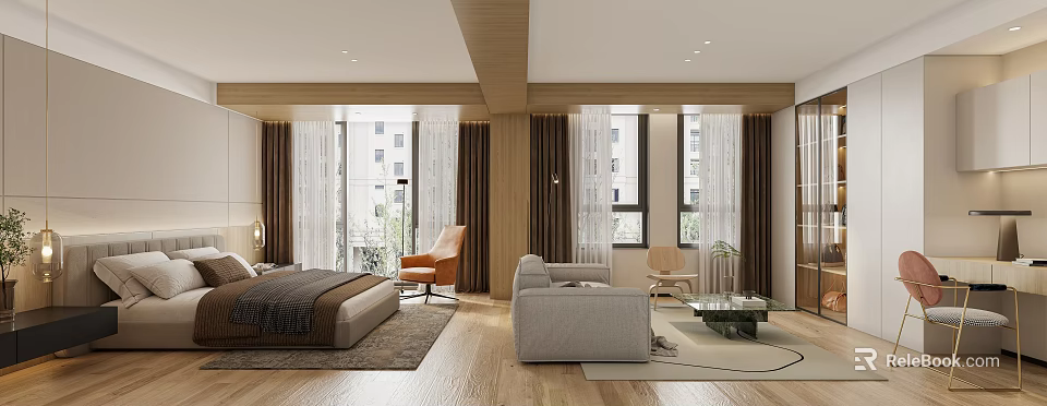 Cozy Modern Bedroom Interior With Comfortable Bed Orange Armchair Gray Sofa And Large Windows 3d model 