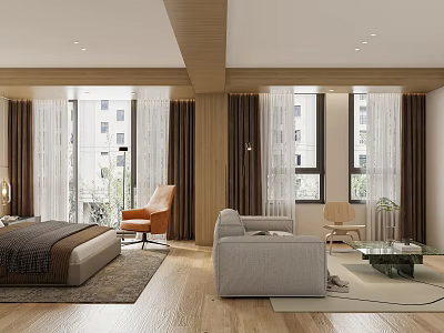 Cozy Modern Bedroom Interior With Comfortable Bed Orange Armchair Gray Sofa And Large Windows 3d model