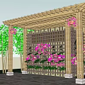 Wooden Garden Pergola With Lattice Top Pink Flowers Green Bamboo And Stone Paved Floor