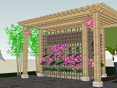 Wooden Garden Pergola With Lattice Top Pink Flowers Green Bamboo And Stone Paved Floor 3d model
