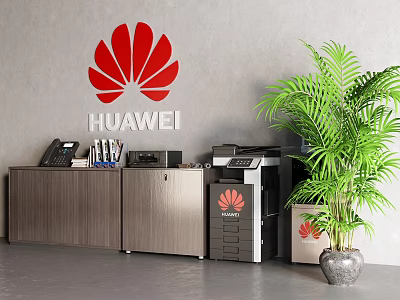 Huawei Office Setup With Essential Office Appliances Printer Phone And Green Plant 3d model