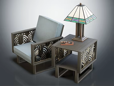 Single Sofa with Carved Frame Light Cushion and Side Table with Stained Glass Table Lamp 3d model