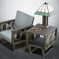 Single Sofa with Carved Frame Light Cushion and Side Table with Stained Glass Table Lamp