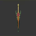 Decorative Black And Gold Sword With Horn Shaped Hilt And Slender Blade