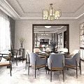 Elegant Dining and Living Room Interior With Chandelier Dining Table and Upholstered Chairs
