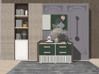 Green Entryway Console Table And Side Cabinet With Decorative Wall And Ornaments 3d model