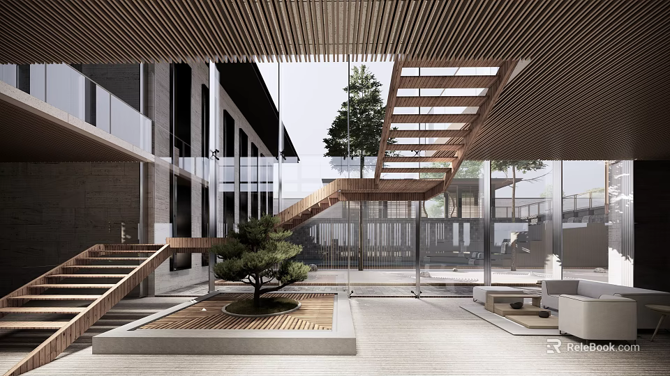 Modern Sales Office Design With Wooden Ceiling Glass Wall Staircase And Courtyard Pine Tree 3d model 