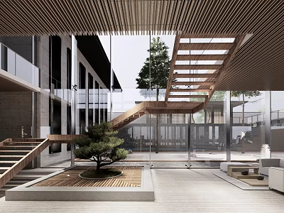 Modern Sales Office Design With Wooden Ceiling Glass Wall Staircase And Courtyard Pine Tree 3d model