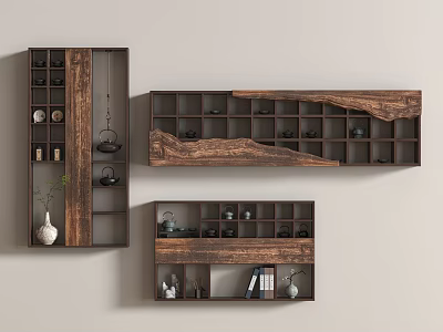 Wooden Display Shelves With Multiple Compartments Decorative Tea Sets Vases And Books 3d model