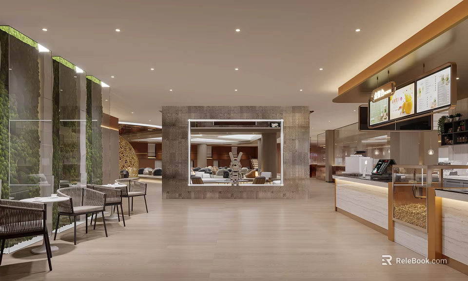 Modern Restaurant Interior With Open Layout Green Wall Dining Tables And Bar Counter 3d model 