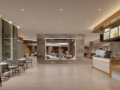 Modern Restaurant Interior With Open Layout Green Wall Dining Tables And Bar Counter 3d model