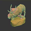 Golden Bull Sculpture with Prominent Horns Standing on Detailed Rock Base