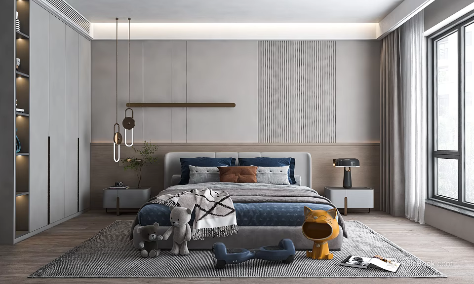 Modern Bedroom Interior Design With Bed Nightstands Pendant Lights And Toys On Textured Rug 3d model 