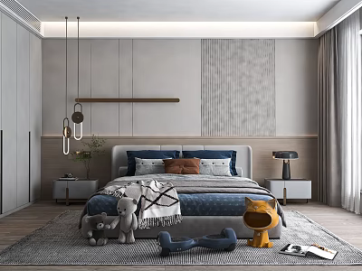 Modern Bedroom Interior Design With Bed Nightstands Pendant Lights And Toys On Textured Rug 3d model
