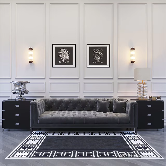 Tufted Grey Multi Seater Sofa With Paneled Wall Decorative Paintings And Black White Rug 3d model 