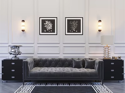 Tufted Grey Multi Seater Sofa With Paneled Wall Decorative Paintings And Black White Rug 3d model