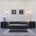 Tufted Grey Multi Seater Sofa With Paneled Wall Decorative Paintings And Black White Rug