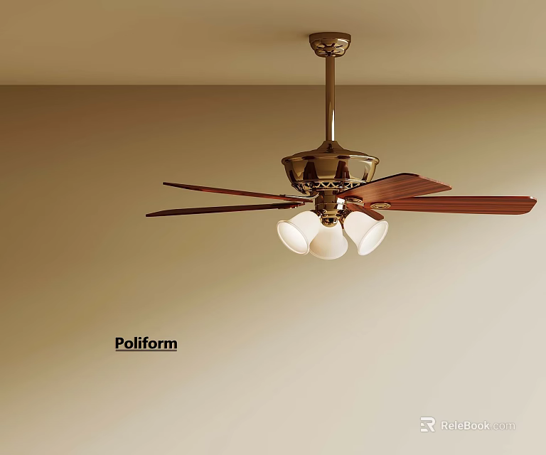 Poliform Ceiling Fan With Wooden Blades And White Lights In Modern Interior 3d model 