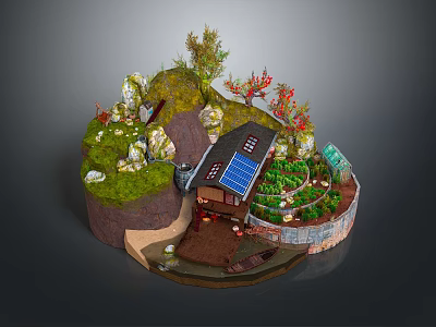 Miniature Idyllic Scenic Landscape with Wooden House Solar Panels Lush Greenery Rocks Terraced Garden and Pond 3d model