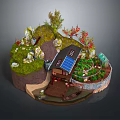 Miniature Idyllic Scenic Landscape with Wooden House Solar Panels Lush Greenery Rocks Terraced Garden and Pond