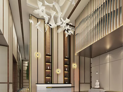 Modern Hotel Corridor With White Bird Chandeliers Wooden Vertical Stripes And Warm Lighting 3d model