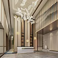 Modern Hotel Corridor With White Bird Chandeliers Wooden Vertical Stripes And Warm Lighting