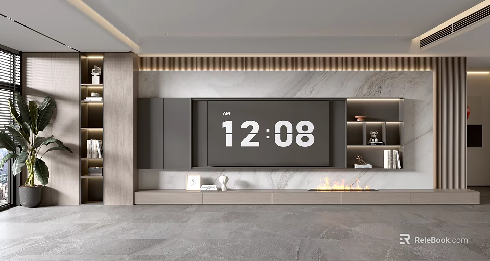 Modern TV Wall Design With Digital Display Shelves And Marble Texture Fireplace 3d model 