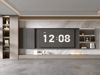 Modern TV Wall Design With Digital Display Shelves And Marble Texture Fireplace 3d model