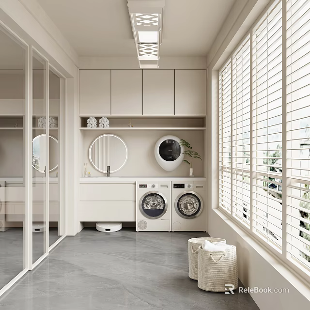 Modern Home Balcony With Washing Machines Storage Cabinets Round Mirror And Blinds 3d model 